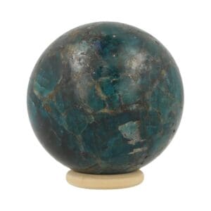 Mooie donkerblauwe apatiet bol met diameter van 64mm en houten ringetje