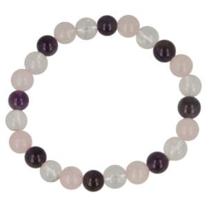 Gouden driehoek armband met 8mm kralen in bergkristal, amethist en rozenkwarts aan rekbaar koord