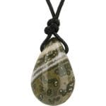 Oceaanjaspis hanger doorboord in druppelvorm met zwart koord