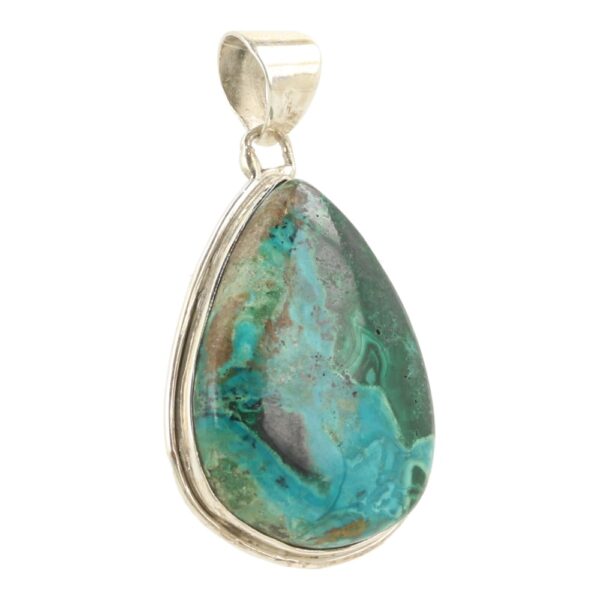 Prachtige chrysocolla mat malachiet hanger in zilver en glad afgewerkte rand van zilver