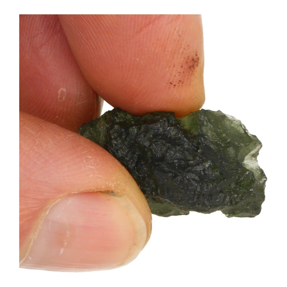 Mooi grillig en bol gevormde moldaviet van 6,9 gram - detail holte in hand