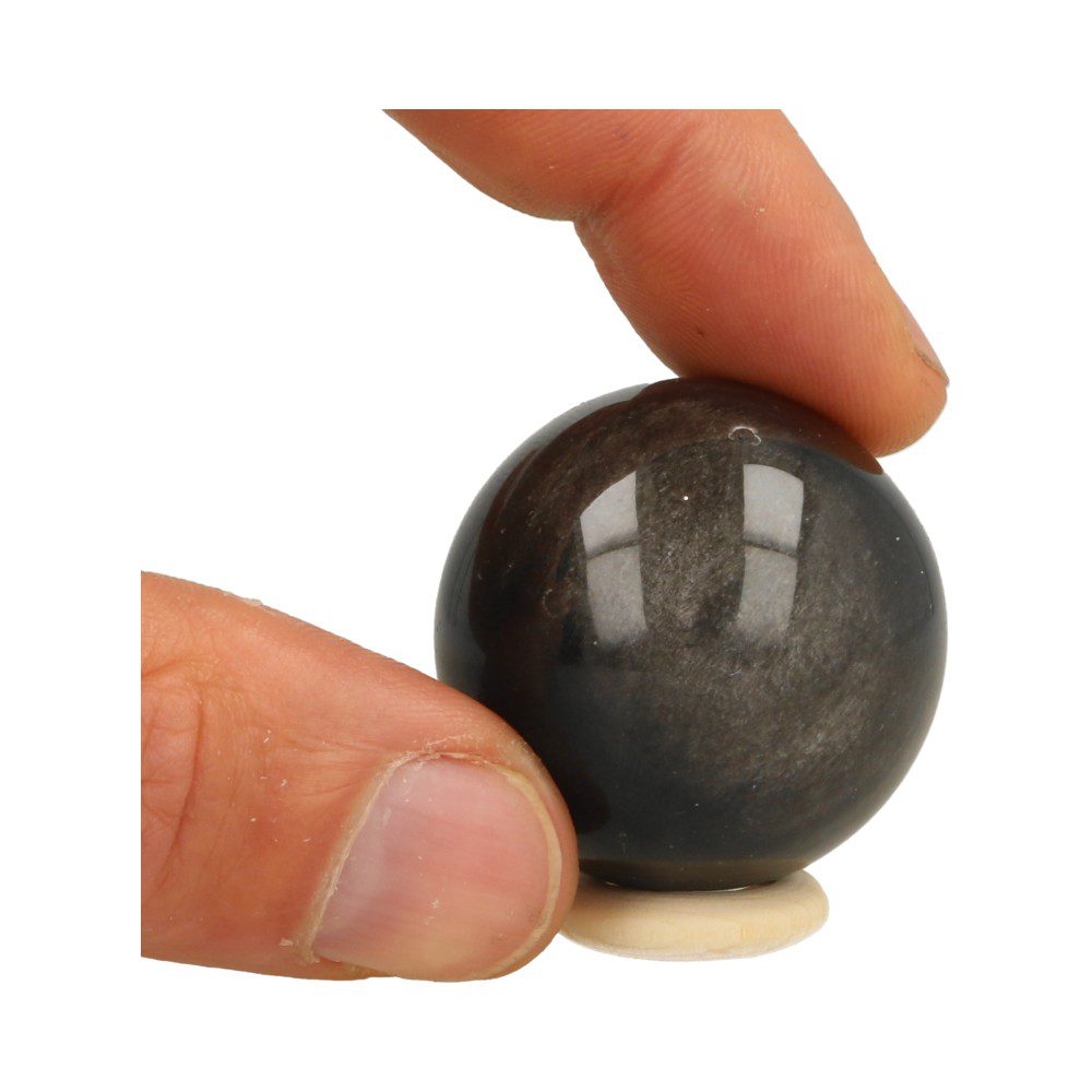 Goudglans obsidiaan bol van 35cm doorsnede op houten ring - met hand