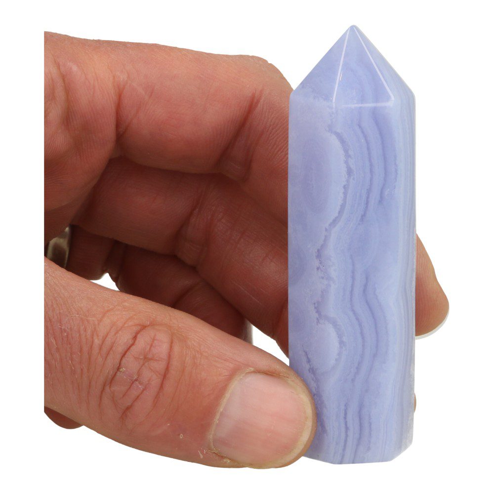 Fraaie kwaliteit blauwe chalcedoon toren of gepolijste punt van 8cm hoog - in hand