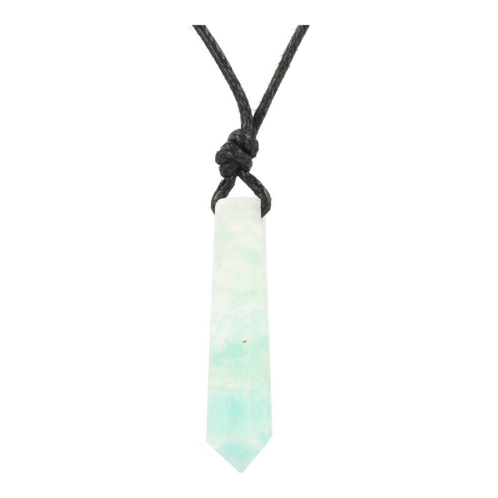 Fraaie lichtblauwe carribean blue calciet hanger doorboord in puntvorm aan zwart waxkoord - voorbeeld 2