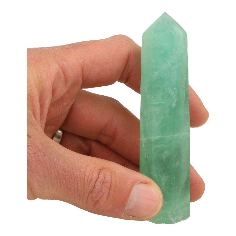 Mooie heldere groene fluoriet toren van 10,5cm hoog - in hand