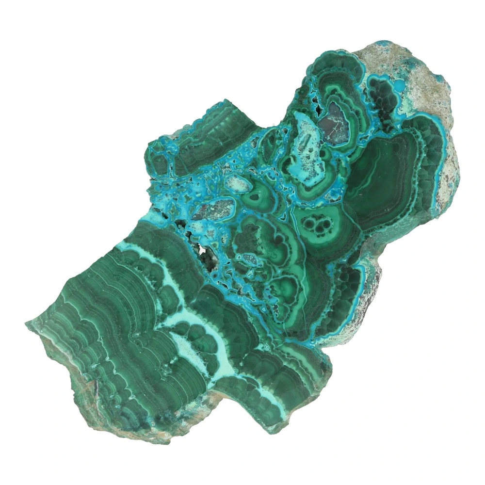 Fraai getekende malachiet schijf met chrysocolla 'nr2' uit Congo van 13cm lang - achterzijde