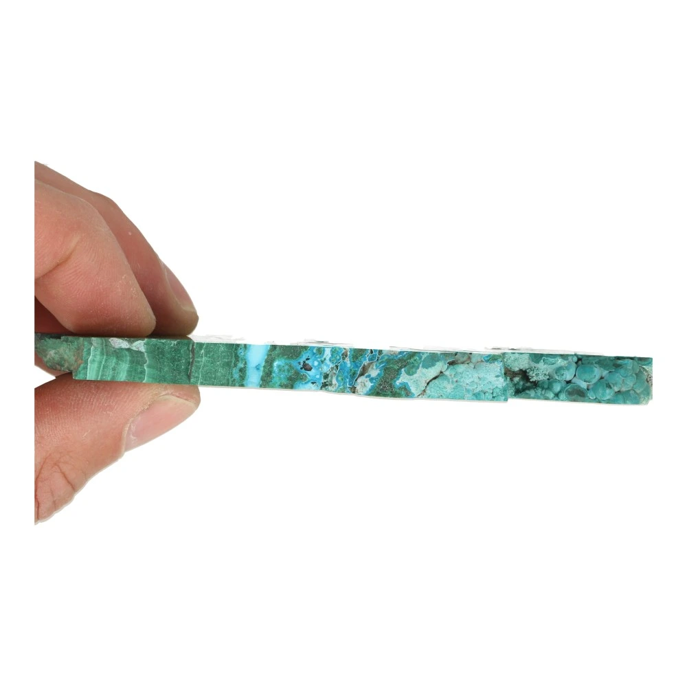 Fraai getekende malachiet schijf met chrysocolla 'nr2' uit Congo van 13cm lang - bovenaanzicht