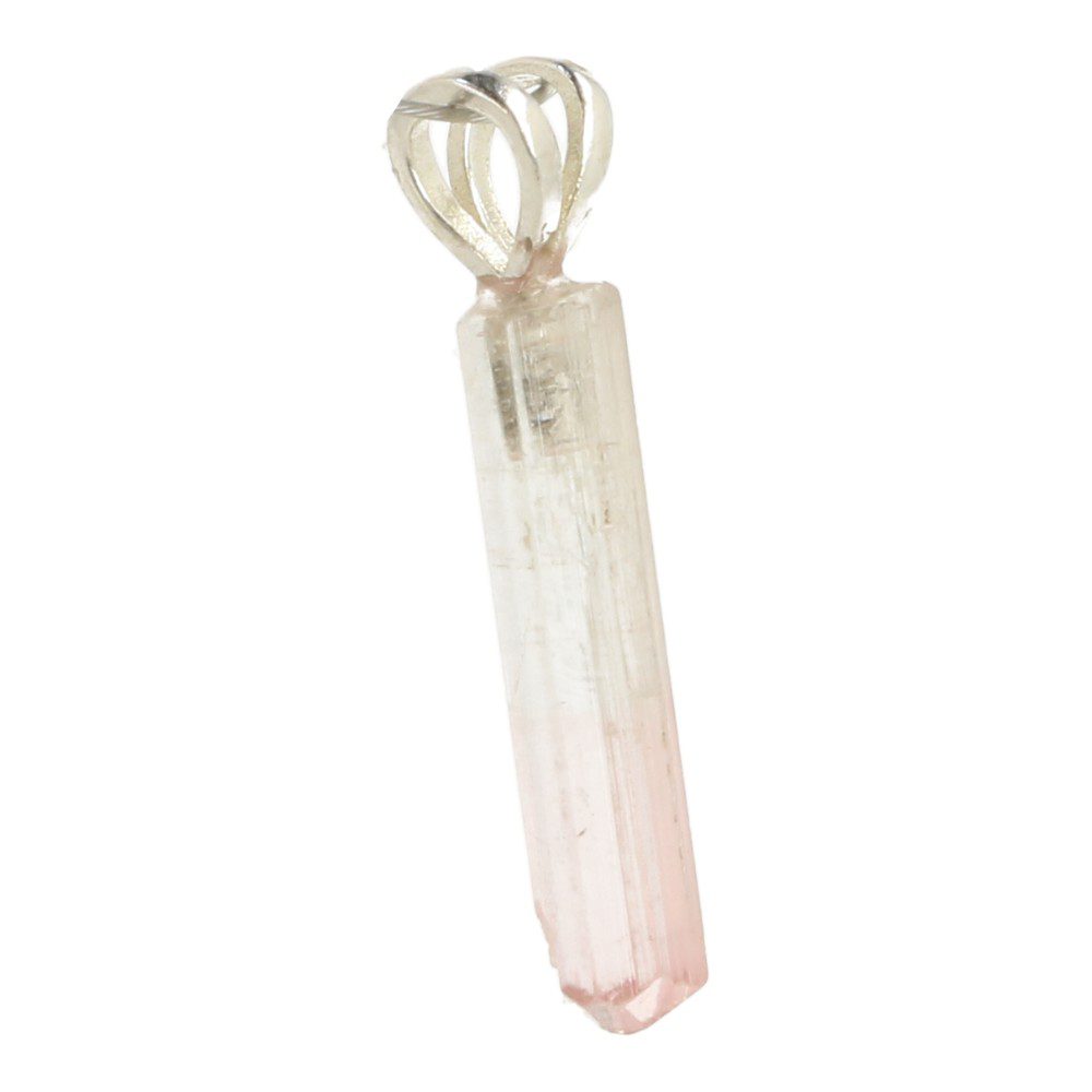 Fraaie heldere, roze en blauwe toermalijn kristal hanger met zilveren oogje, nr5 - zijaanzicht