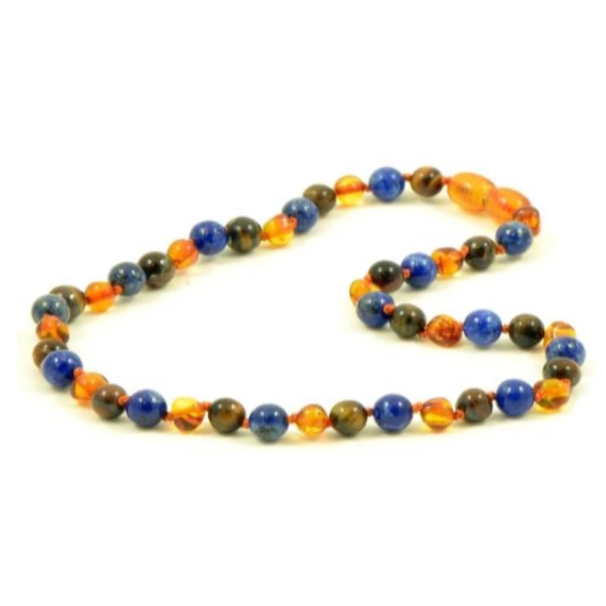 Barnsteen ketting voor baby's met tijgeroog en lapis lazuli