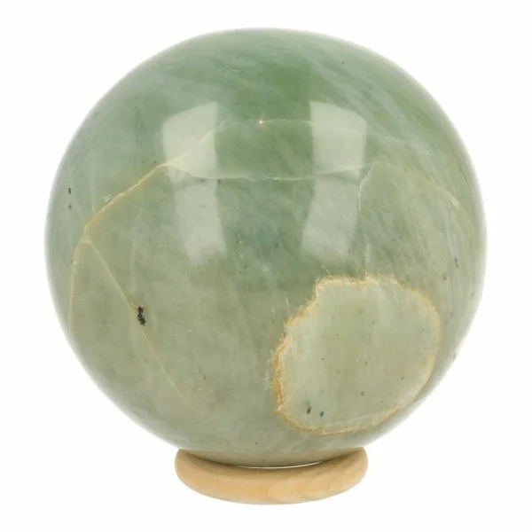 Mooie grote groene maansteen bol van 86mm diameter op houten ring