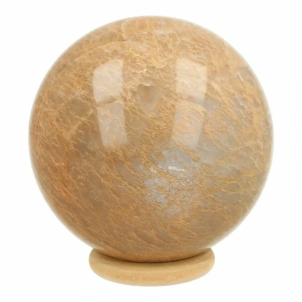 Fraaie maansteen bol met diameter van 74mm op houten ring met veel glans