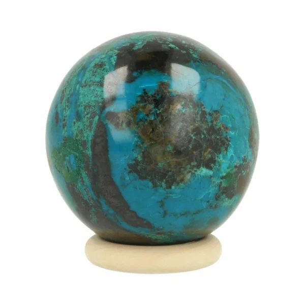 Prachtige chrysocolla bol met diameter van 46mm op houten ring
