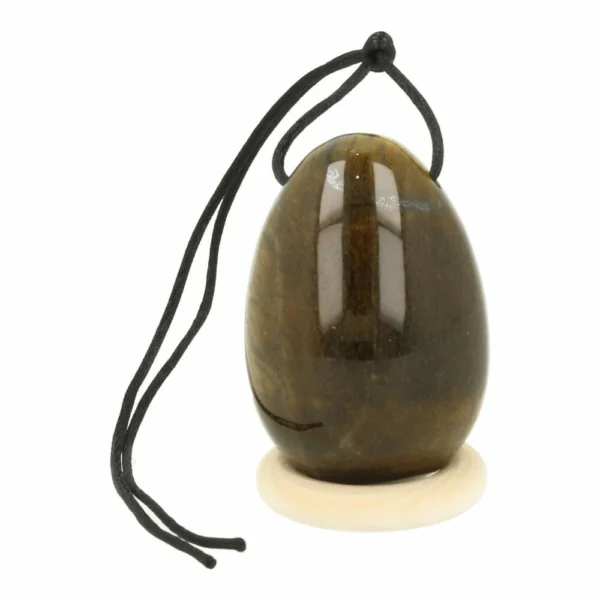 Fraai tijgeroog yoni ei van 45mm hoog op houten ring