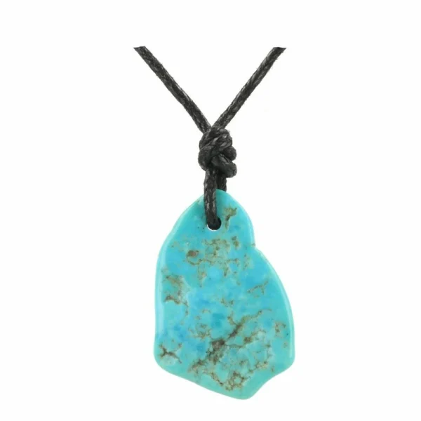 Leuke turquoise hanger doorboord plat uit Mexico aan zwart waxkoord