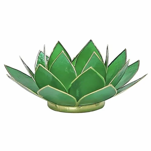 Fraaie lotus waxinelichthouder in groen, passend bij het 4e chakra en gemaakt van schelpen