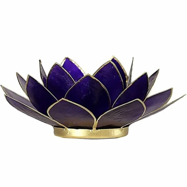 Fraai paarse lotus waxinelichtje met gouden rand, passend bij het 7e chakra