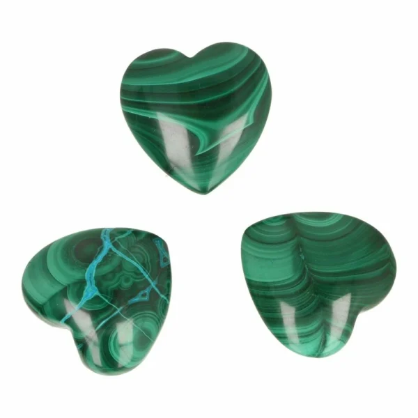 Fraaie malachiet hartjes van ruim 3cm breed uit Congo