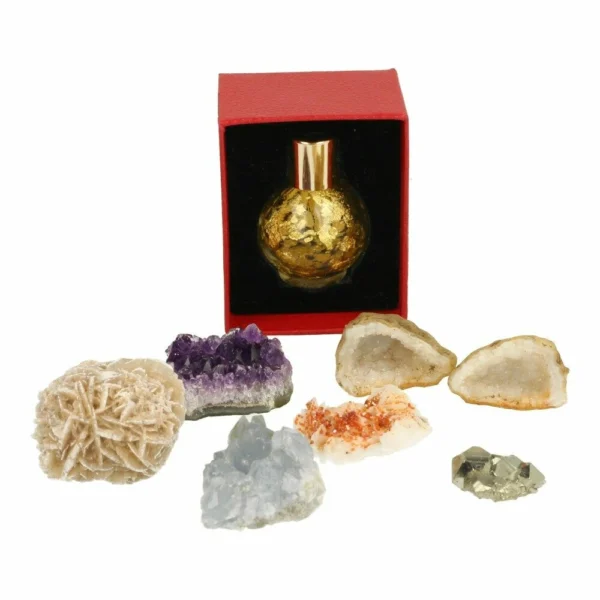 Leuke starter cadeauset met 6 ruwe edelstenen een een flesje goud