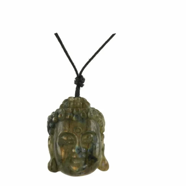 Labradoriet boeddha hoofd hanger aan zwart waxkoord en 3cm hoog