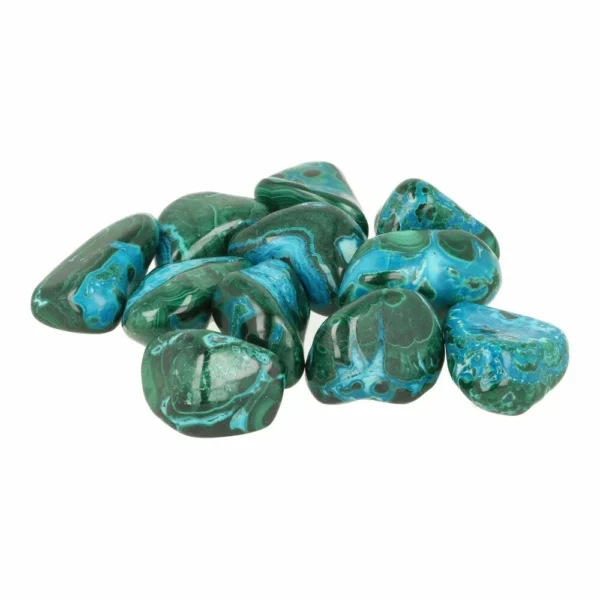 Fraaie malacolla trommelsteen van ongeveer 3cm lang. Malacolla is de naam voor malachiet met chrysocolla