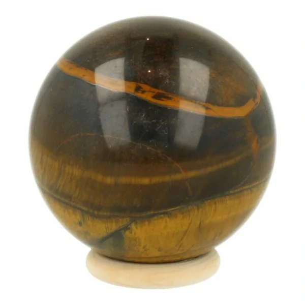 Fraai getekende tijgeroog bol met diameter van 81mm op houten ring