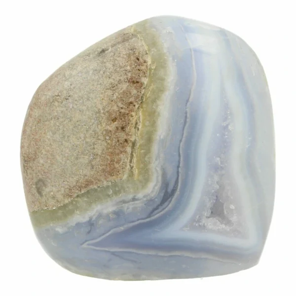 Fraai getekende gepolijste blauwe chalcedoon vrije vorm nr3 van 6cm hoog uit Malawi