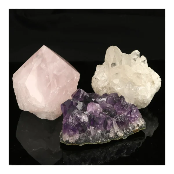 Fraaie gouden driehoek set GD01 met rozenkwarts punt en ruwe bergkristal en amethist