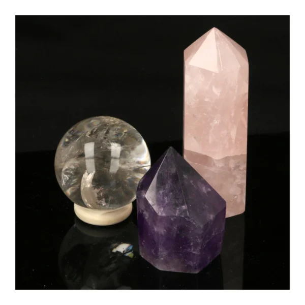 Fijne gouden driehoek set GD11 met gepolijste amethist, bergkristal en rozenkwarts