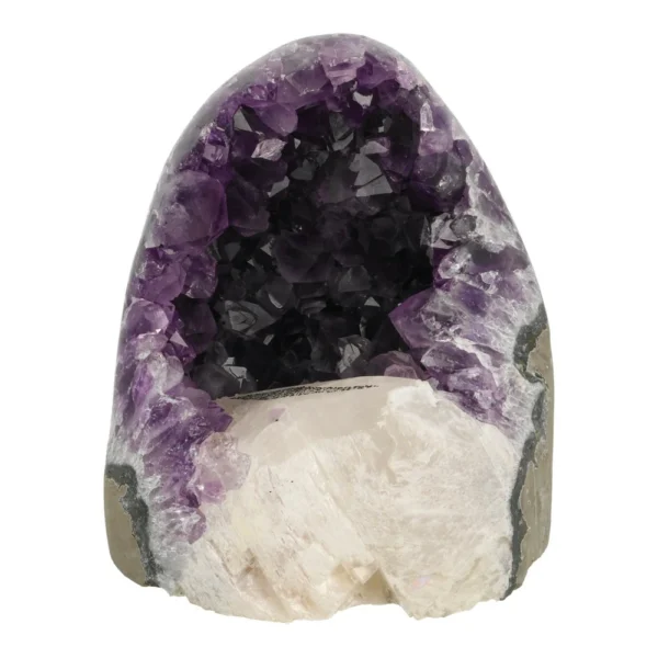 Bijzondere amethist zuil met gepolijste rand en witte calciet kristal