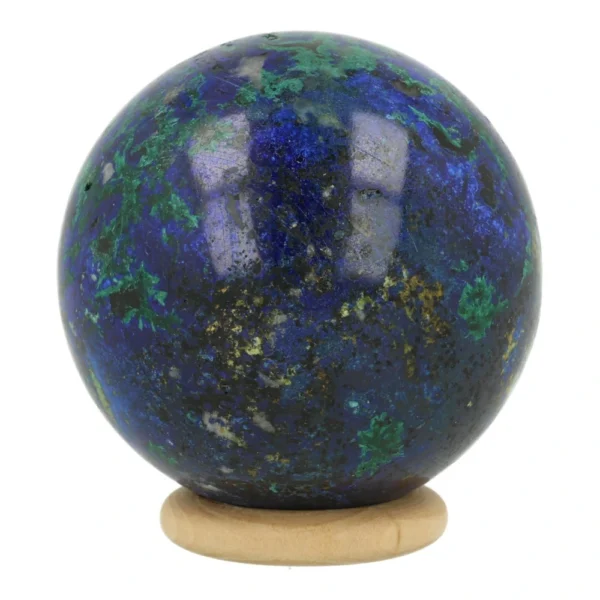 Zeer fraaie donkerblauwe azuriet met malachiet bol met diameter van 56mm op houten ring