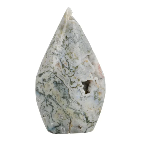 Fraaie boomagaat of mosagaat gepolijste vorm van 103mm hoog in mooie puntvorm en met holtes