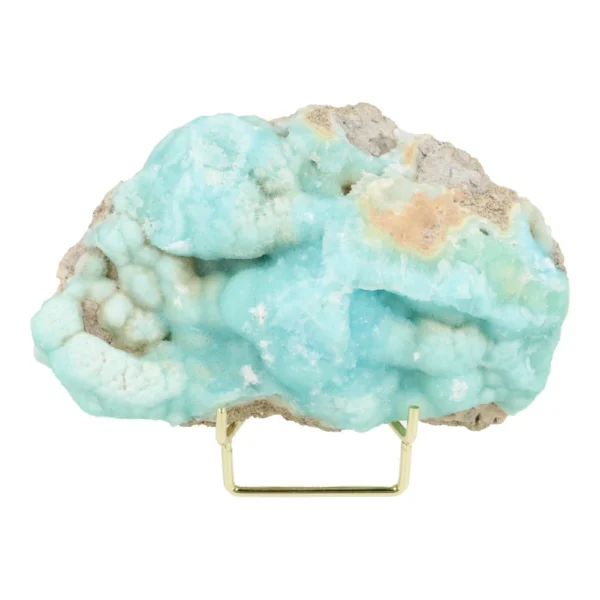 Fraaie grote carribean blue calciet nr5 op goudkleurige metalen standaard