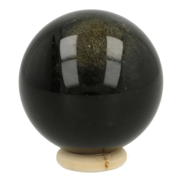 Mooi goudglans obsidiaan bol met diameter van 54mm op houten ring