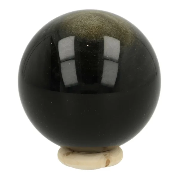 Mooie goudglans obsidiaan bol met diameter van 57mm op houten ring