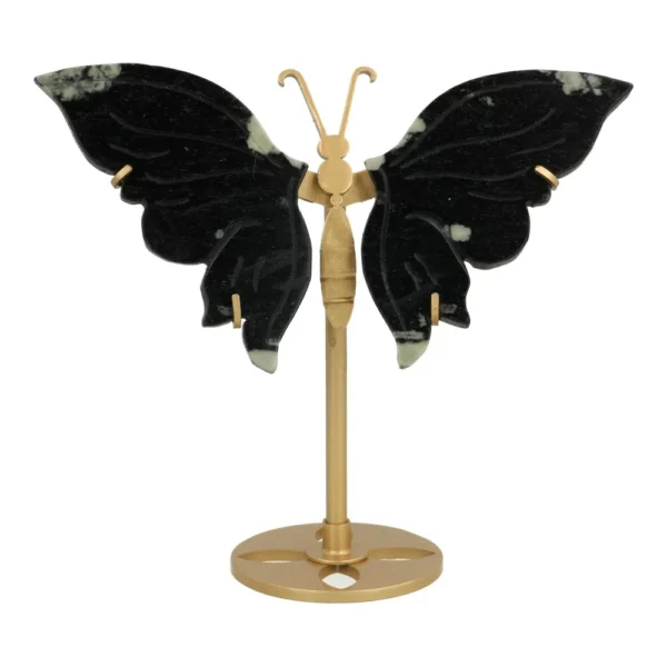 Fijne serpentijn vlinder op goudkleurige standaard en 15,5cm breed